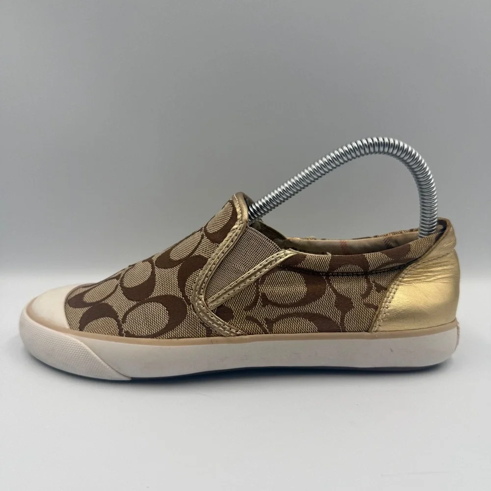 Coach Barrett Womens Size 7 Slip On Sneakers Monogram Canvas Metallic Gold Brown